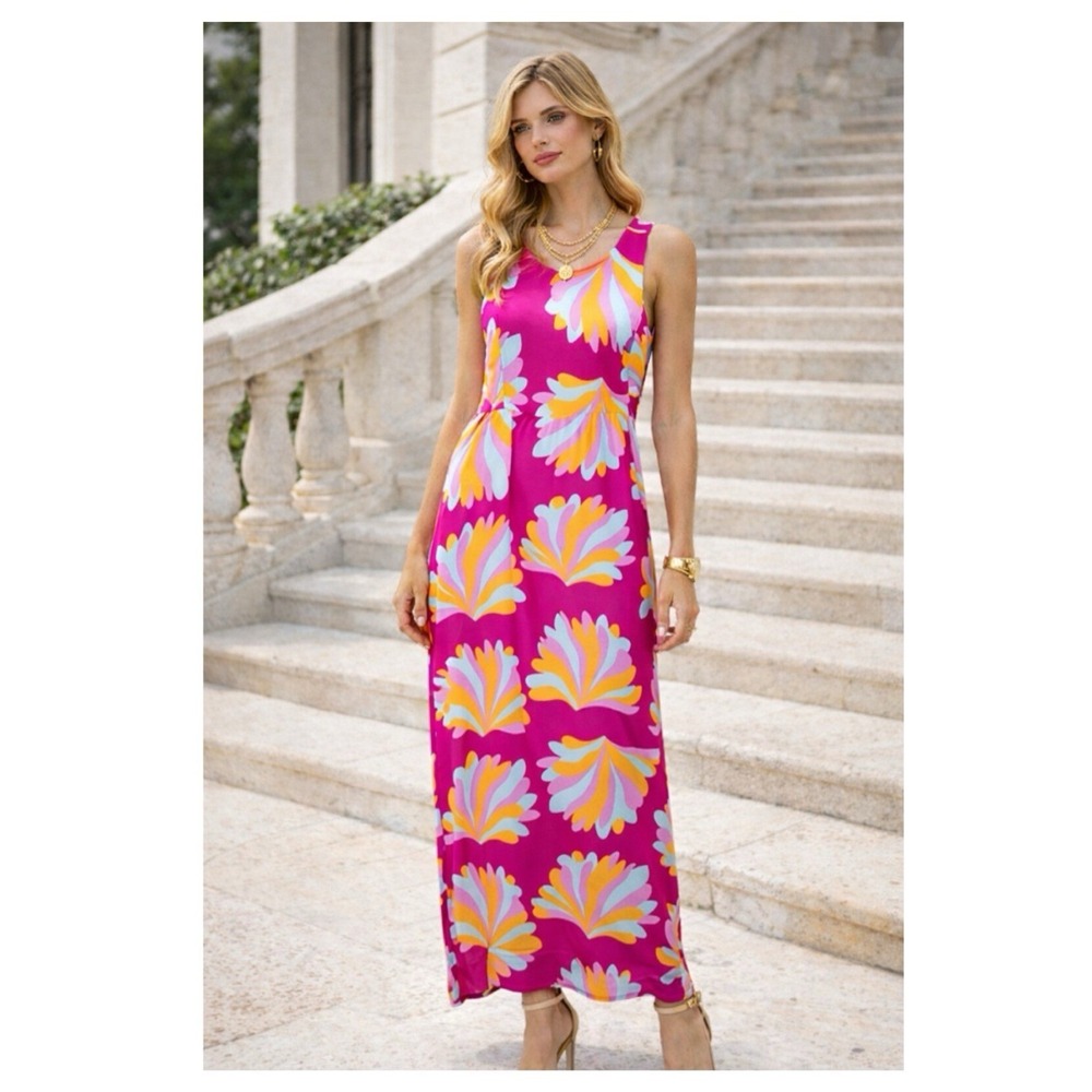 Annie Griffin 100% silk maxi floral sleeveless dress Size 6 vibrant beach party
